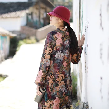 LZJN Sieviešu Ziemas Kleita 2019 Jaunu garām Piedurknēm Stāv Apkakle Vintage Drēbes Qipao Ziedu Ķīniešu Stilā Siltu Vilnas Oderi Bieza Kleita