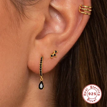 CANNER Nekustamā 925 Sterling Sudraba auskariem Sievietēm Tiny Black Diamond Zircon Pīrsings, Auskaru Earings Rotaslietas Pendientes