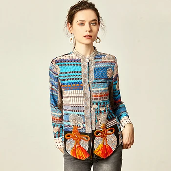 Zīda Blūze Sieviešu Krekls Simetrisks Dizains Drukāts Stāvēt Kakla Ilgi Izlīdzināšanu Piedurknēm Ikdienas Stila Plus Lieluma Jaunu Modes 2019