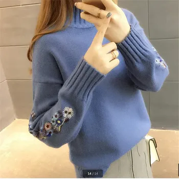 Augstas kvalitātes sieviešu modes 2018 augstu uzrullētu apkakli džemperis sievietēm top sieviete ar garām piedurknēm siltu džemperi Izšūti Trikotāžas džemperis B3965