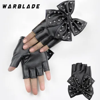 WarBLade Modes Sieviešu Cimdi Melns Balts Fingerless Cimdi ar PU Ādas Lielo Loku Pirkstaiņi Pusi Pirkstu Dāmas Luvas Dejas 2021