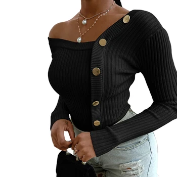 2020. Gadam, Sievietēm, Eleganta Pogu Salātu Adīti Džemperi Sieviešu Rudens Džemperis Ar Garām Piedurknēm Topi Dāma Biroja Sexy Pie Pleca Blusa