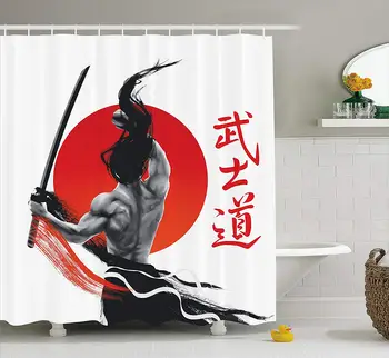 Samurai pēc Prakses ar Muskuļiem un Katana Japānas Saules Āzijas Disciplīnu Vannas Dušas Aizkars