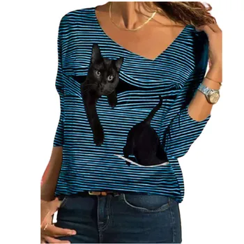 Gudrs Trīsdimensiju Kaķis Aizkaru Drukāšanas Šaura Apkakle Asimetriska Sieviešu T Krekls Pavasara, Rudens Iela Hipster Dāmas Tees
