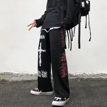 QWEEK Punk Hipiju Platas Bikses Sievietēm Gothic Harajuku Bikses korejas Streetwear Grafiti Anime Vaļīgas Bikses Goth Bikses, Modes