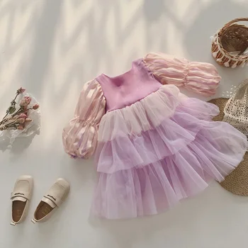 Pavasara Mazā Princese Kleita Meitenēm Modes Baby Meitenes Raibs Garām Piedurknēm Kleita Bērni Loku Puse Kleita Apģērbs