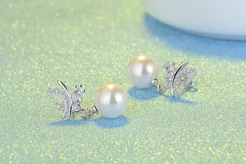 Tīra 925 sterling silver pearl crystal butterfly dāmas'stud auskari, rotaslietas vairumtirdzniecības piliens kuģniecība 