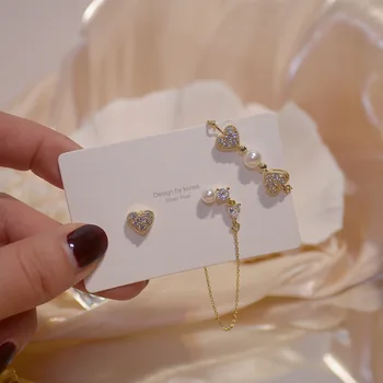 Radošā 14k rotaslietas nekustamā gold plating sirds formas AAA zircon asimetriska auskari korekcija, auskaru auskari sieviešu auskari