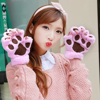 Jauna rudens un ziemas sieviešu bieza karikatūra kaķa nagiem daļēji pirkstu cimdu super cute dzīvnieku kaķa nagiem kažokādas cimdi rozā kažokādas cimdiem
