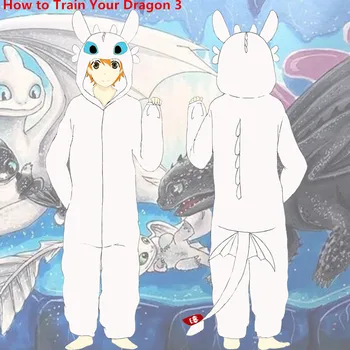 Karikatūra Kā Train Your Dragon 3 Cosplay Kostīms Baltā Gaisma, Dusmas Bezzobaina Bērniem Pieaugušo Pidžamu Peldmētelis Jumpsuit Sleepwear Jaunas