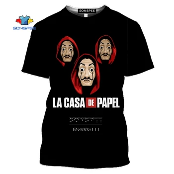 La Casa de Papel Vīriešu T-krekls 3D Drukas Nozieguma TV Rādīt Māju Papīra Tshirt Sieviešu Ikdienas Īsās Piedurknes Šausmu Maska Krekls, t-veida