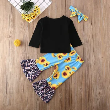 3PCS Toddler Lovely Baby Girl Apģērbu, Topi ar garām Piedurknēm T +Saulespuķu Signālraķetes Leopard Bikses +Galvas Apģērbs