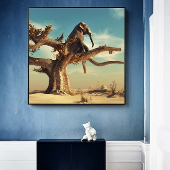 Smieklīgi Mākslas Zilonis Sēž uz Koka Mūsdienu Audekla Apgleznošana Sienu Mākslas Dzīvnieku Attēlus Ziemeļvalstu Plakāti un Izdrukas par Mājas Dekoru
