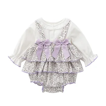 Ir 2021. Bērnu Purpura Ziedu Kombinezonus Toddler Meitenes, 1. Dzimšanas dienas svinības Apģērbs, Zīdaiņu Vintage Spānija Jumpsuit Jaundzimušo Loku Mežģīnes Kombinezonus