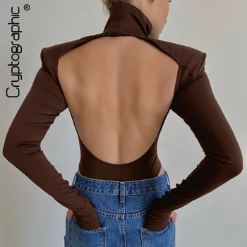 Kriptogrāfijas Sexy Backless Bodysuits augstu uzrullētu apkakli Elegants Kluba Puse Sieviešu Topi Viens Gabals Apģērbs Augsta Vidukļa Bodysuit Kombinezonus