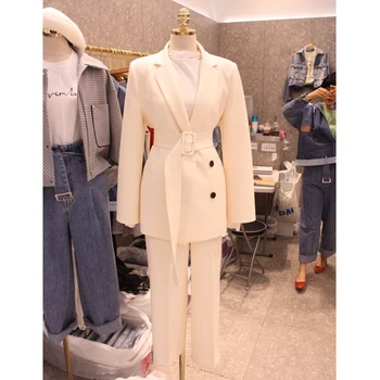 Korejas 2020. gadam pavasara Rudens Uzvalks Sievietes Mežģīnēm Līdz Elsas Uzvalks Robots Žakete Set & Elsas Biroja Valkāt Bikses Uzvalku Komplekti