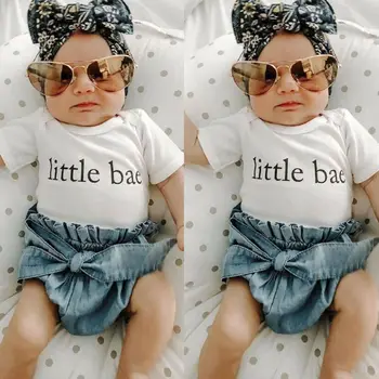 PUDCOCO Jaundzimušā bērna Baby Girl Apģērbu Vēstuli Īsām Piedurknēm Romper Džinsa Šorti Ikdienas Apģērbs no 0-18M
