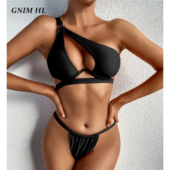 GNIM Sexy Dobi Ārā Peldkostīmi Sieviešu Push Up Bikini Mujer Ir 2021. Viena Pleca, Cietā Sandales Sieviešu Peldkostīms 2 Gabals Mikro Bather Uzvalks