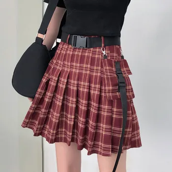 Harajuku Streetwear Kravas Mini Svārki Sieviešu Sexy Augsta Vidukļa Pleds Svārki Vasarā Gadījuma A-line, Īstermiņa Kroku Svārki ar Kabatas