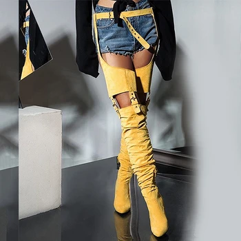 MStacchi Rihanna Saimes Augstas Ziemas Zābaki Virs Ceļgala Modes Papēžiem Zābaki Siksna Cietā Norādīja Toe Kvadrātveida Papēdi Zip Gumijas Zābaki