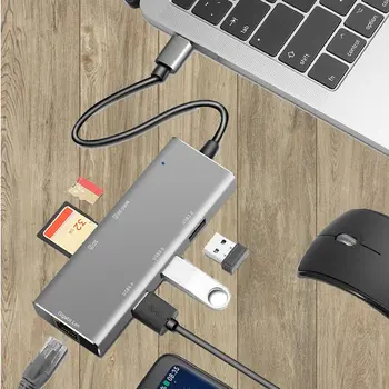 Alumīnija USB C Hub 6-in-1 USB C Tipa Rumbu Dongle Adapteri Saderīga Par 2016 2017 MacBook Pro 13