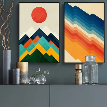 Abstrakti Krāsains Plakāts Ģeometrija Plakāti un Izdrukas Red Sun Kalnu Sienas Art Pictures Ziemeļvalstu Kanvas Glezna Dekori Mājas