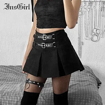 InsGirl Tumši Goth Black Punk Modes Sexy Svārki Sievietēm Iela Ins Stila Y2k E-meitene Ādas Sprādzi Augsta Vidukļa Mini Kroku Svārki