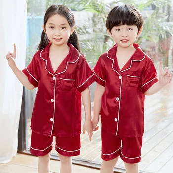 Zēni Zīda Pidžamu 2020. Gada Vasaras Īsām Piedurknēm Bērnu Komplekts Meitene Sleepwear Komplekti Plānas Zīda Pidžamu Tērps Meitenēm Pidžamas Komplekti Bērniem