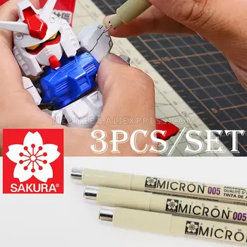 3X Sakura Pigma Micron 005 Melnā Pigmenta Tinti 0.2 mm, Līnijas Gundam Smalku Līniju Pildspalvu