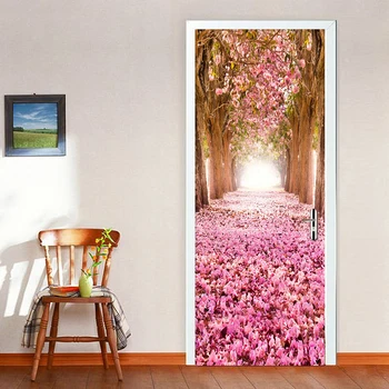 Dzīvojamā Istaba Kāzu Nams Romantiska Cherry Blossom Avenue 3D Durvju Uzlīmes PVC Pašlīmējošas Ūdensizturīgs Mājas Vinila Uzlīmes 3D Sienas
