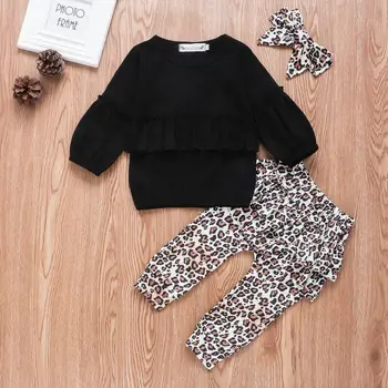 6M-3Years Toddler Jaundzimušais Meitene Apģērbu Komplekts Melnā Puff Piedurknēm Topi + Leopard Bikses Rudens Ziemas Baby Girl Apģērbu Tērpi