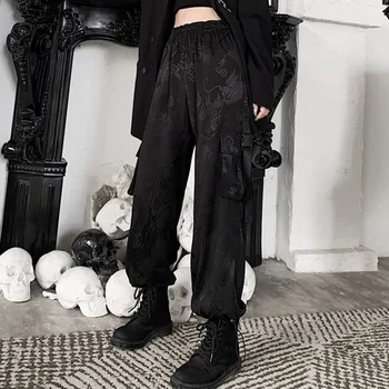 Gothic Pūķis Iespiesti Kravas Bikses Sievietēm Harajuku BF Stilu Japāņu Zaudēt Streetwear Melns Gots Gadījuma Bikses Rudens ir 2021.