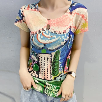 Modis krāsains, iespiests t krekls sieviešu vasaras topi 2020. gadam īsām piedurknēm t o-veida kakla plānas grafikas tees personības tee kreklu femme