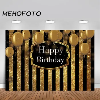 MEHOFOTO Happy Birthday Fotogrāfijas Fons Zelta Black Mirdzēt Puse Fona Balonu Dzimšanas dienas svinības Banner Backdrops