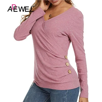 ADEWEL Sexy Ir 2021. Eiropas American V Kakla Pogu Nelegālo Long Piedurknēm T Krekls Plus Lieluma Mujer Camisetas Topi Apģērbi 2XL