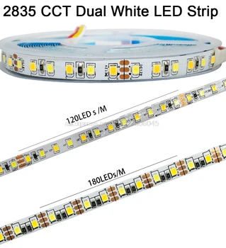 5m Dual White SMD 2835 KMT LED Strip Gaismas 12V 24V DC Krāsu Temperatūras Regulēšana Elastīgu LED Lentes, Lentes IP20, kas Nav Ūdensizturīgs