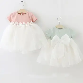 2018 Princese Sweet Baby Toddler Meitenes Kleitu Mežģīnes Raibs Cieto O-Veida Kakla Atpakaļ Loku Pusgarās Tutu Ģērbšanās Stils 2