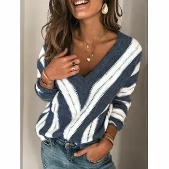 Modes Rudens Džemperis Sievietēm Casual Slim V-Veida Kakla Zemāko Svītru Prinrt Garām Piedurknēm Džemperis Dāma Siltu 6 Krāsas