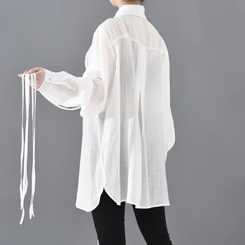 [EAM] Sievietes Baltās krāsas Rhinestone Pušķi Liela Izmēra Blūze Jaunu Atloks ar garām Piedurknēm Loose Fit Krekls Modes Pavasara Rudens ir 2021. JX70400