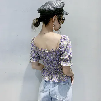 Franču Retro Laukumā Apkakles Lillā Šifona Blūze Sievietēm korejiešu Stilā, Modes, Sexy Backless Foldas Sieviešu Krekls Vasaras Top 2021
