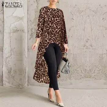 ZANZEA ir 2021. Sexy Sievietes Nelegālo Krekli Leopards Drukāt Mini Vestidos Gadījuma Blūzes, Tunikas Topi Plus Lieluma Chemisers Mujer Blusas