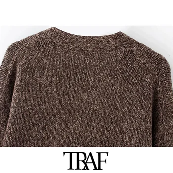 TRAF Sieviešu Modes Ar Kabatām Irdenas Trikotāžas Jaka Vintage Džemperis ar garām Piedurknēm Pogas-uz augšu Sieviešu Virsdrēbes Šiks Topi