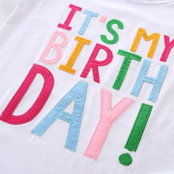 LittleSpring Toddler Meitenes Dzimšanas Dienas Tērpiem Vēstuli Aplikācijas Jauki Kokvilnas Apģērbs Meitenēm Vasaras Drēbes