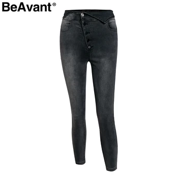 BeAvant Augsta vidukļa pogu izdilis melnas džinsu bikses Sieviešu cēloņu reizes zīmuli, džinsi, sieviešu 2019. gada Vasaras modes džinsa bikses, capri