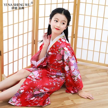 Meitenes Kimono, Japānas Tradicionālās Drēbēs Satīna Yukata Bērnu Print Kleita Līgavas Puķu Meitene Apģērbs Zīda Naktskrekls Pāvs Drēbes