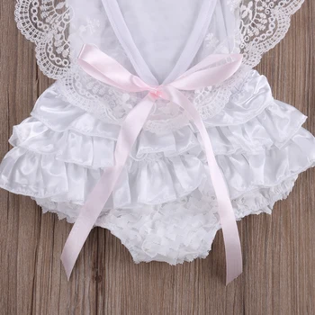 0-18M Jaundzimušais Meitene Baltā Mežģīņu Ziedu Īsām Piedurknēm Romper Ruffles Sunsuit Jumpsuit Apģērbs Apģērbs