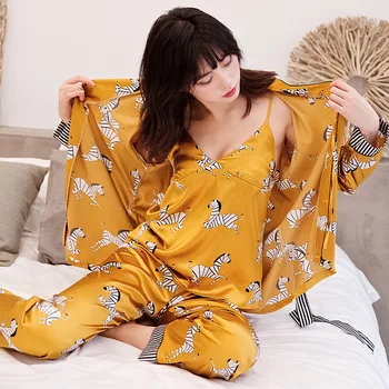 Sieviešu Iespiesti Dzīvniekiem, Pidžamas 3 Gabalu Komplekti Pyjama Vasaras Satīna Sleepwear Mākslīgās Zīda HomeWear Miega Lounge Pidžamas Sievietēm