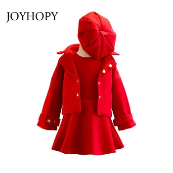 JOYHOPY Bērnu Apģērbu Komplekts Rudens Ziemas Zīdaiņu Bērnu Bērni Meiteņu Drēbes Set 3PCS Mētelis+Piedurknēm Kleita+Cepure vilnas Tērps Bērniem