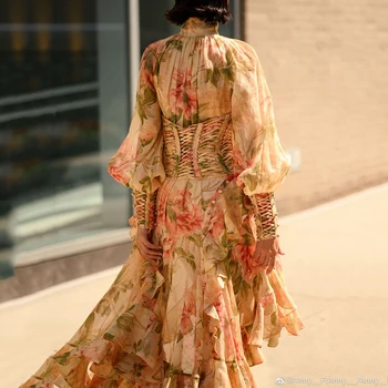 Modes Asimetriska Drukā Ilgi, Sexy Kleita Ar Garām Piedurknēm Mežģīnes-Up Ziedu Gadījuma Puse Skrejceļa Kleita Sieviešu 2020. Gada Rudenī Jaunu Brīvdienu