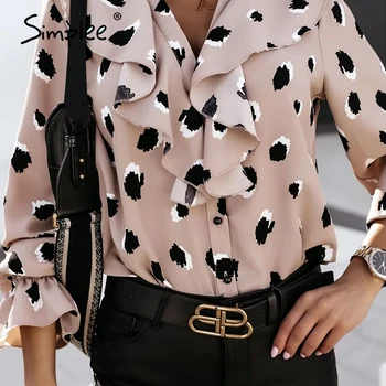 Simplee V kakla blūze elegants sieviešu Zaudēt šiks rudens krekls Modes dāmas iespiestas šifona gadījuma sieviešu topi apģērbi jaunu 2020